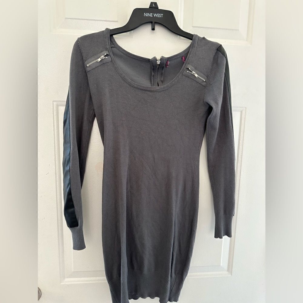 Sweater dress with faux leather sleeves